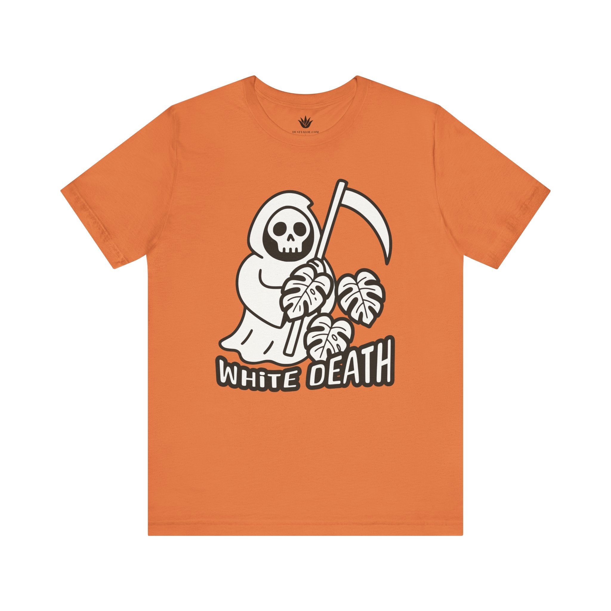 Orange t-shirt with a graphic design of a skeleton holding a sickle and leaves, with 'White Death' text on a white background.