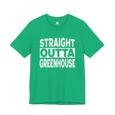 Green t-shirt with 'Straight Outta Greenhouse' text on a white background