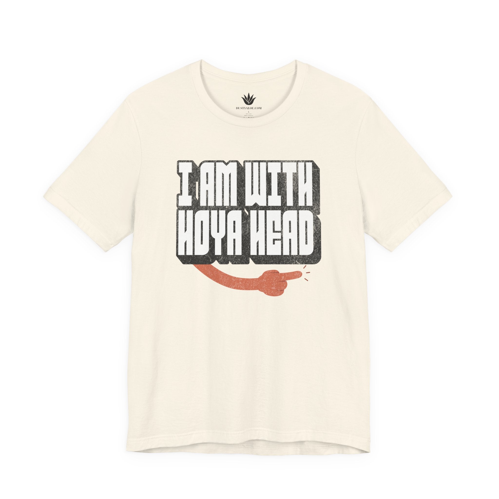 Beige t-shirt with 'I AM WITH HOYA HEAD' text and snake graphic on a white background