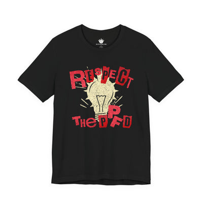 Black unisex t-shirt with red “Respect the PPFD” text and yellow light bulb graphic for plant lovers and grow light science fans.