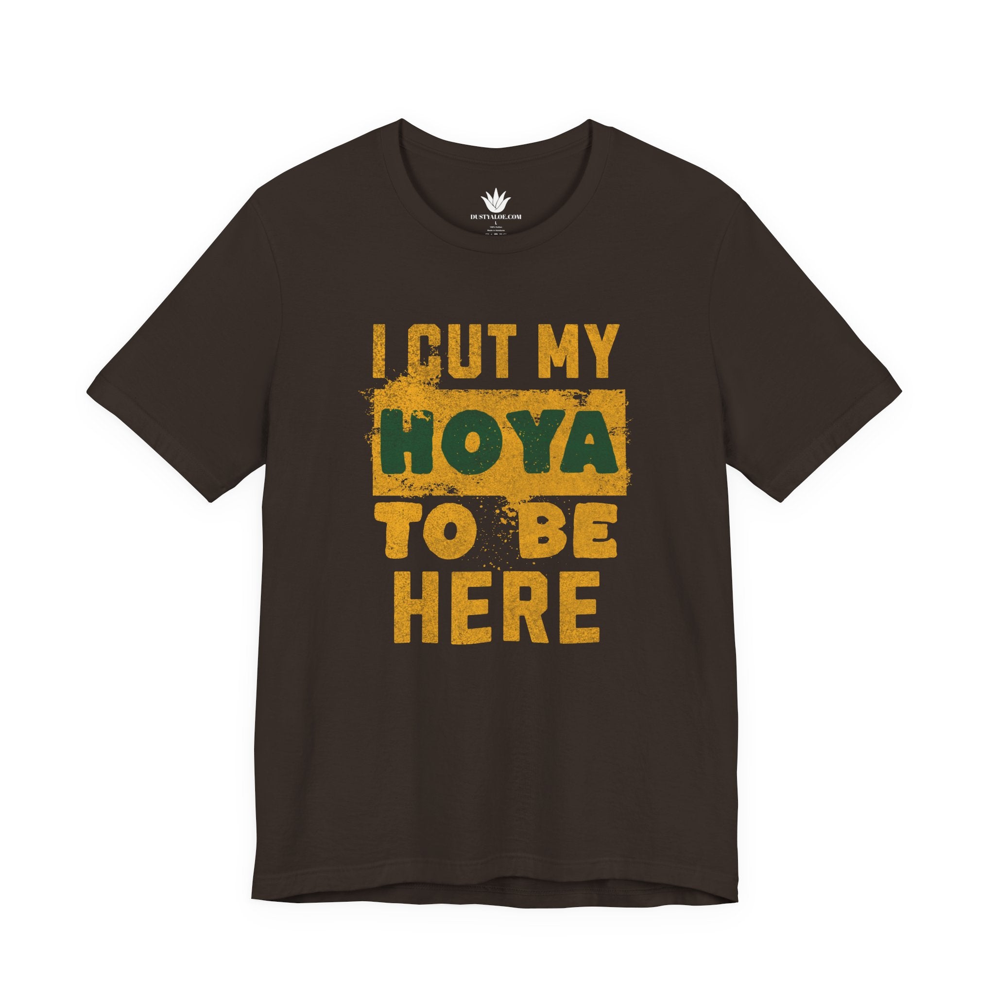 Black t-shirt with yellow text 'I cut my Hoya to be here' on a white background