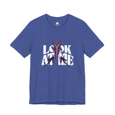 Blue t-shirt with 'Look At Me' graphic design on a white background