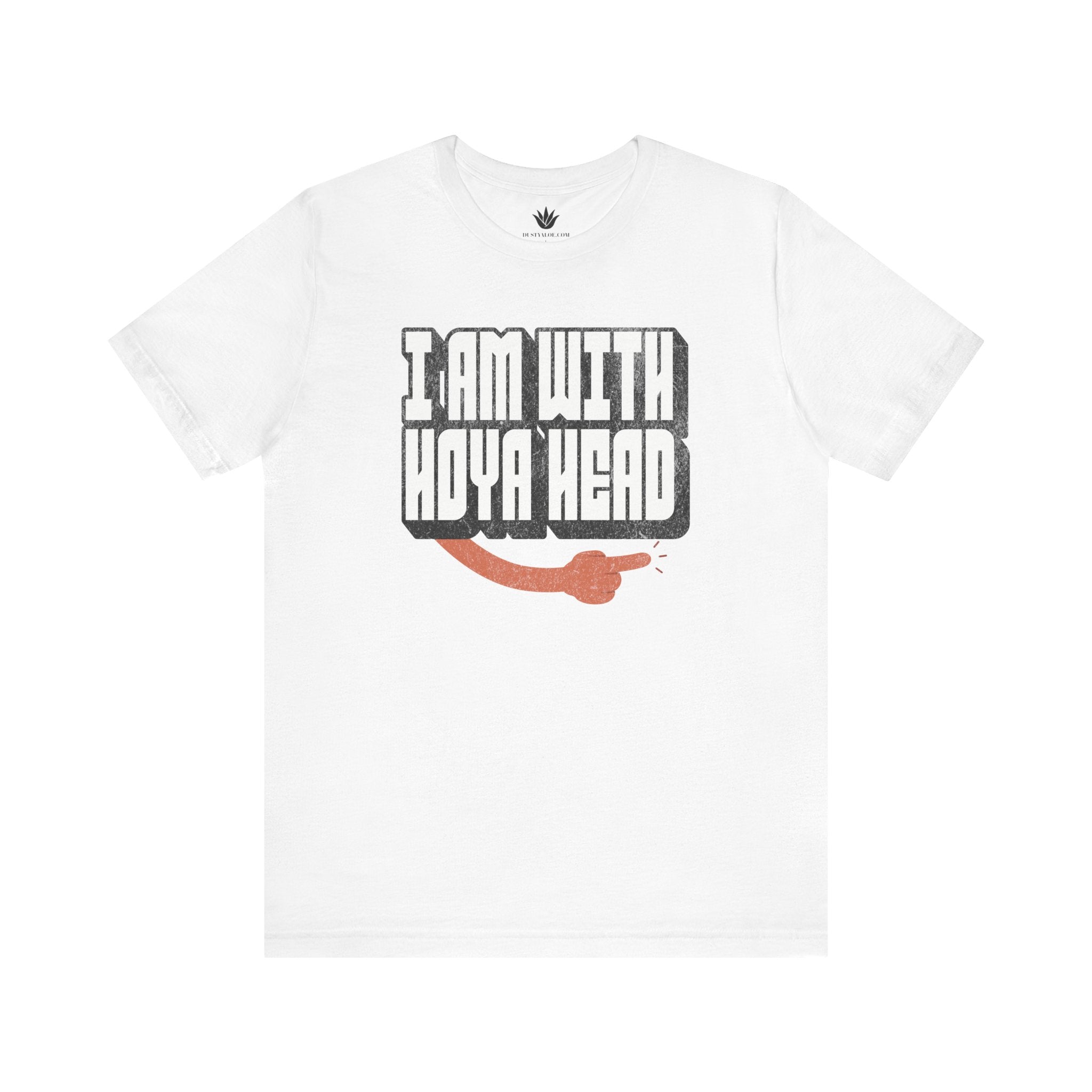 White t-shirt with graphic design and text on a white background