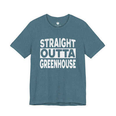 Blue t-shirt with 'Straight Outta Greenhouse' text on a white background