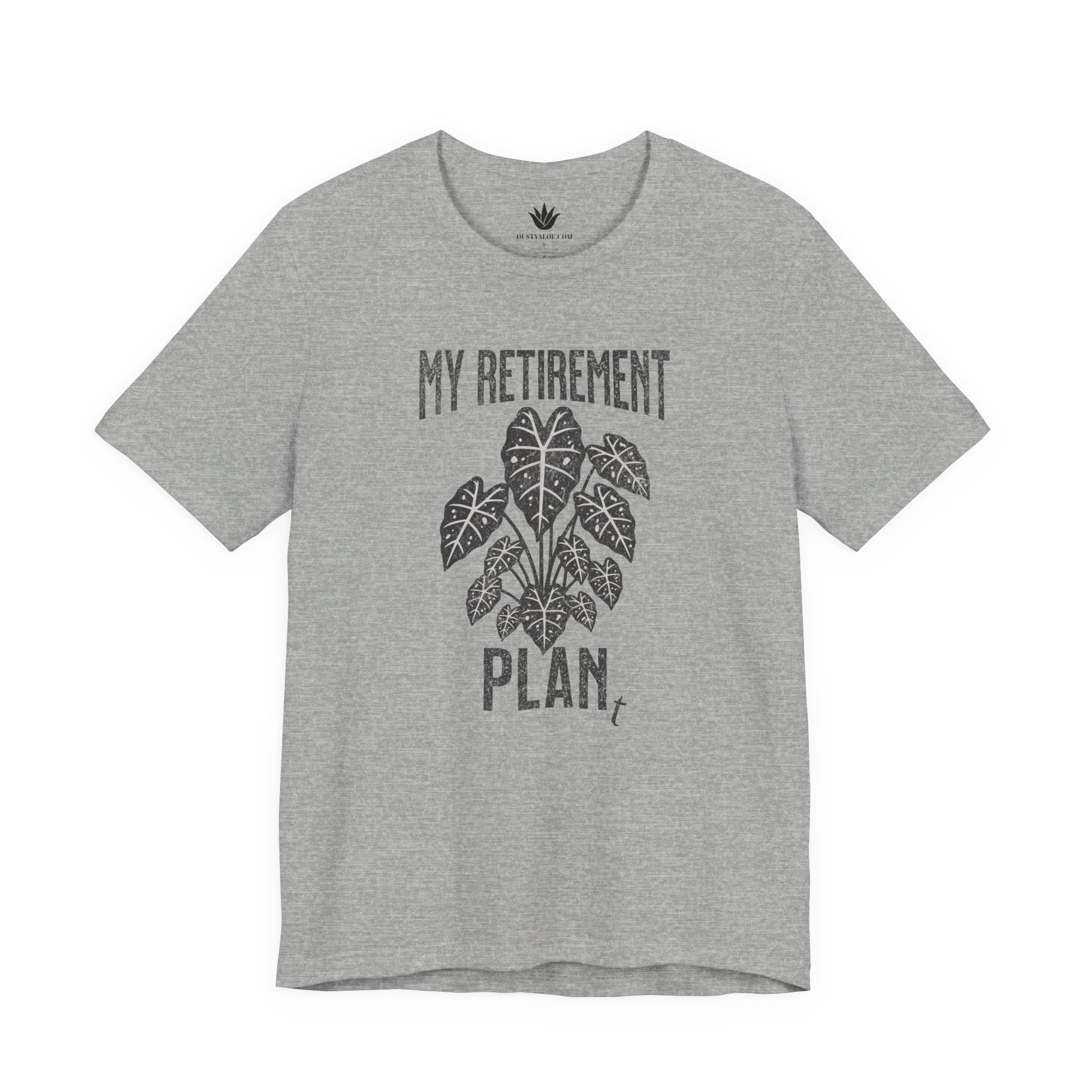 Gray t-shirt with black graphic and text on a white background