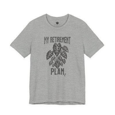 Gray t-shirt with black graphic and text on a white background