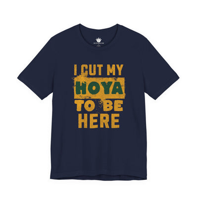 Navy blue t-shirt with yellow text 'I cut my Hoya to be here' on a white background