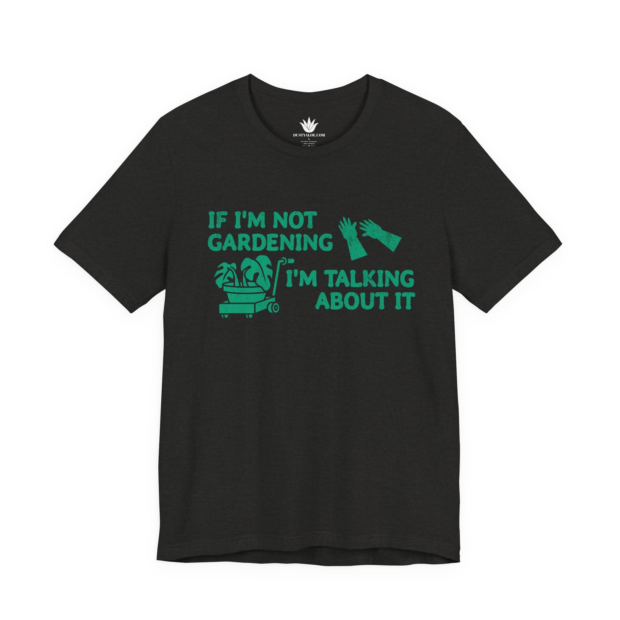 Black t-shirt with green text and graphics on a white background