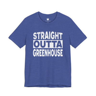 Blue t-shirt with 'Straight Outta Greenhouse' text on a white background