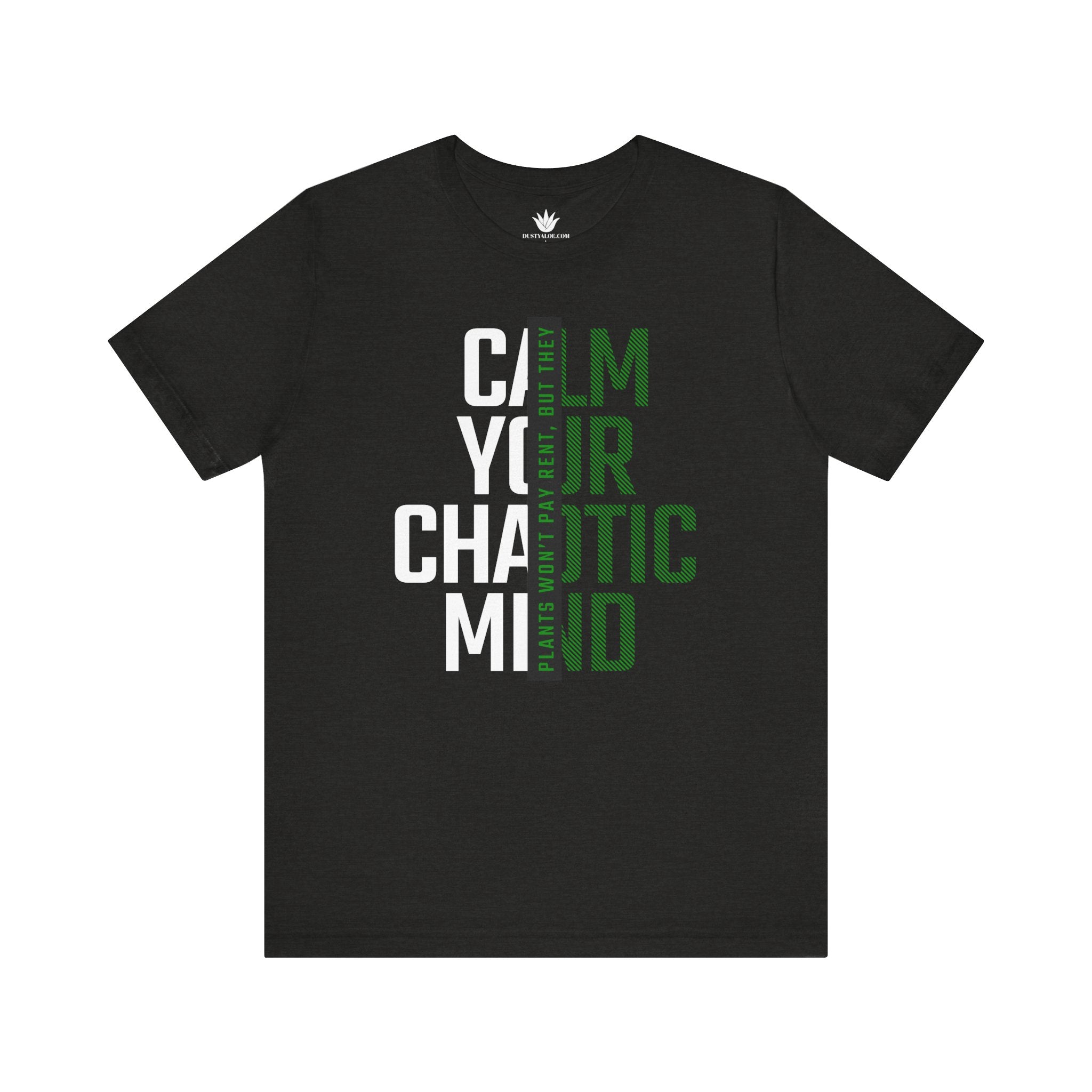 Black t-shirt with motivational text design on a white background