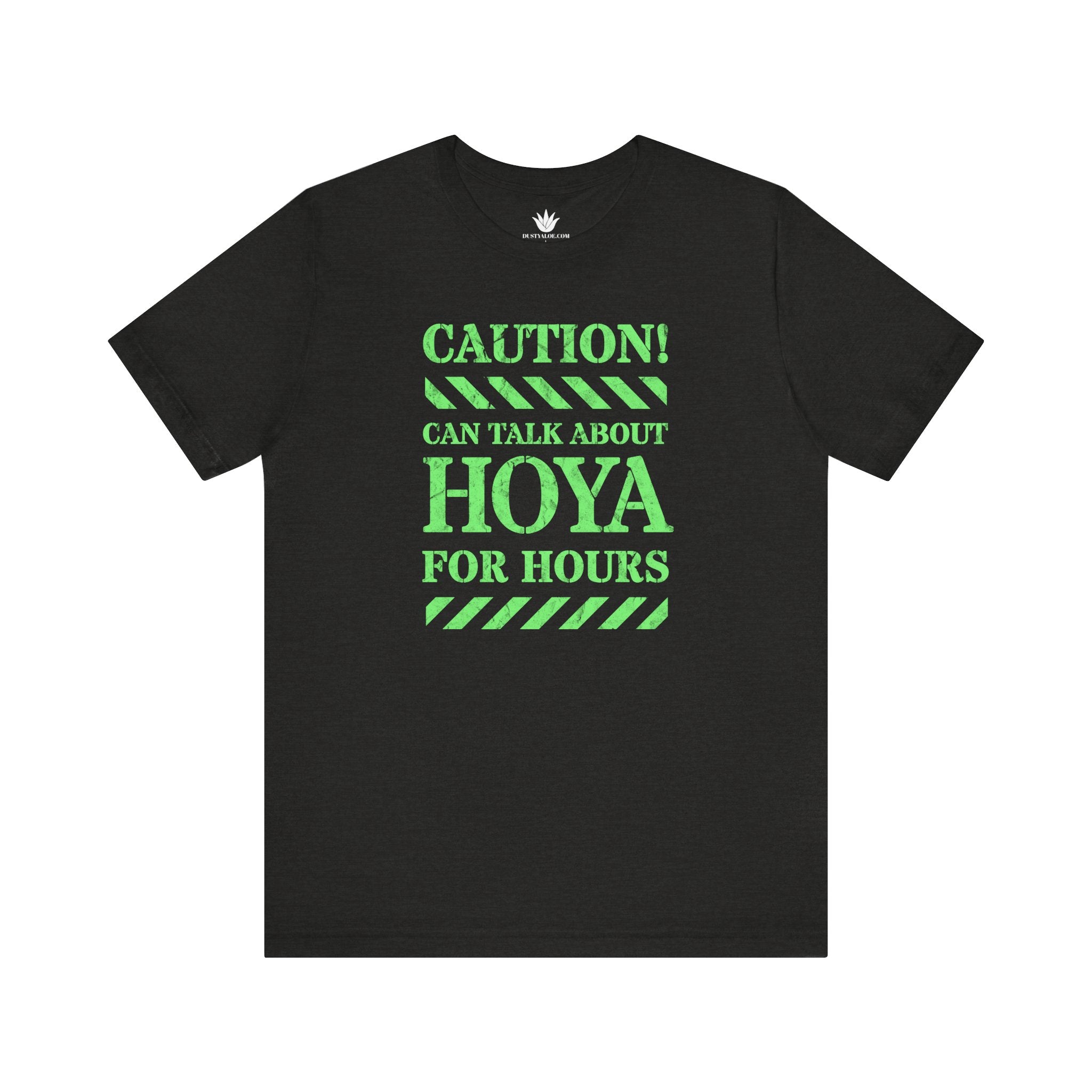 Black t-shirt with green text on a white background