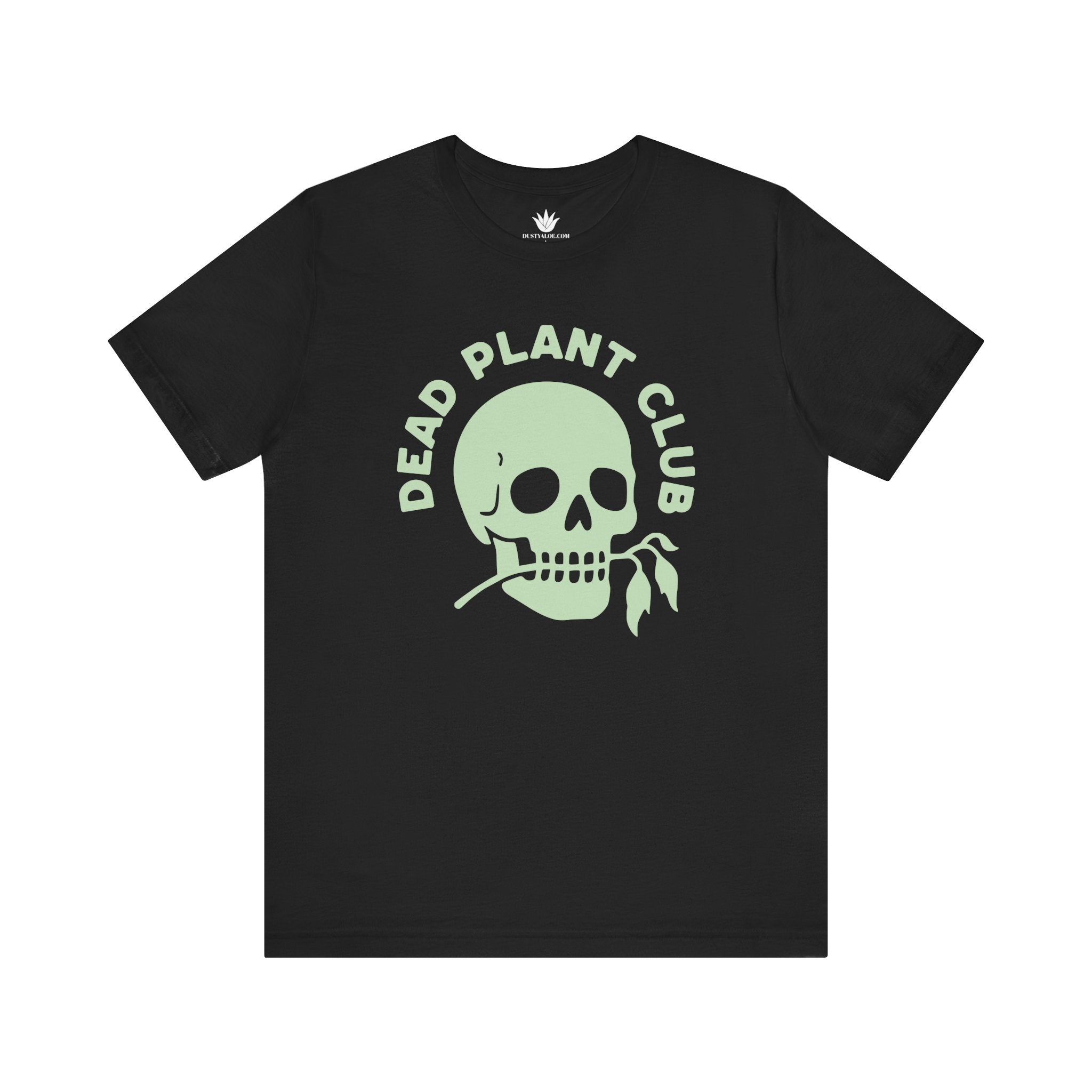 Black t-shirt with a skull and 'Dead Plant Club' text on a white background
