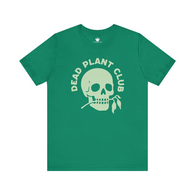 Green t-shirt with 'Dead Plant Club' graphic on a white background