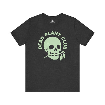 Gray t-shirt with a skull and 'Dead Plant Club' text on a white background