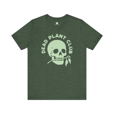 Green t-shirt with skull and 'Dead Plant Club' text on a white background
