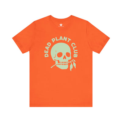 Orange t-shirt with 'Dead Plant Club' graphic on a white background