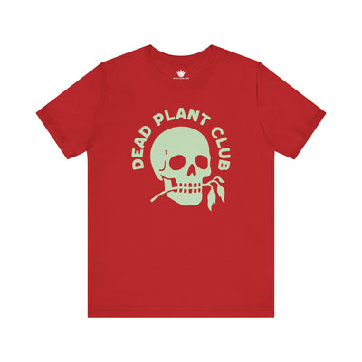 Red t-shirt with 'Dead Plant Club' graphic on a white background