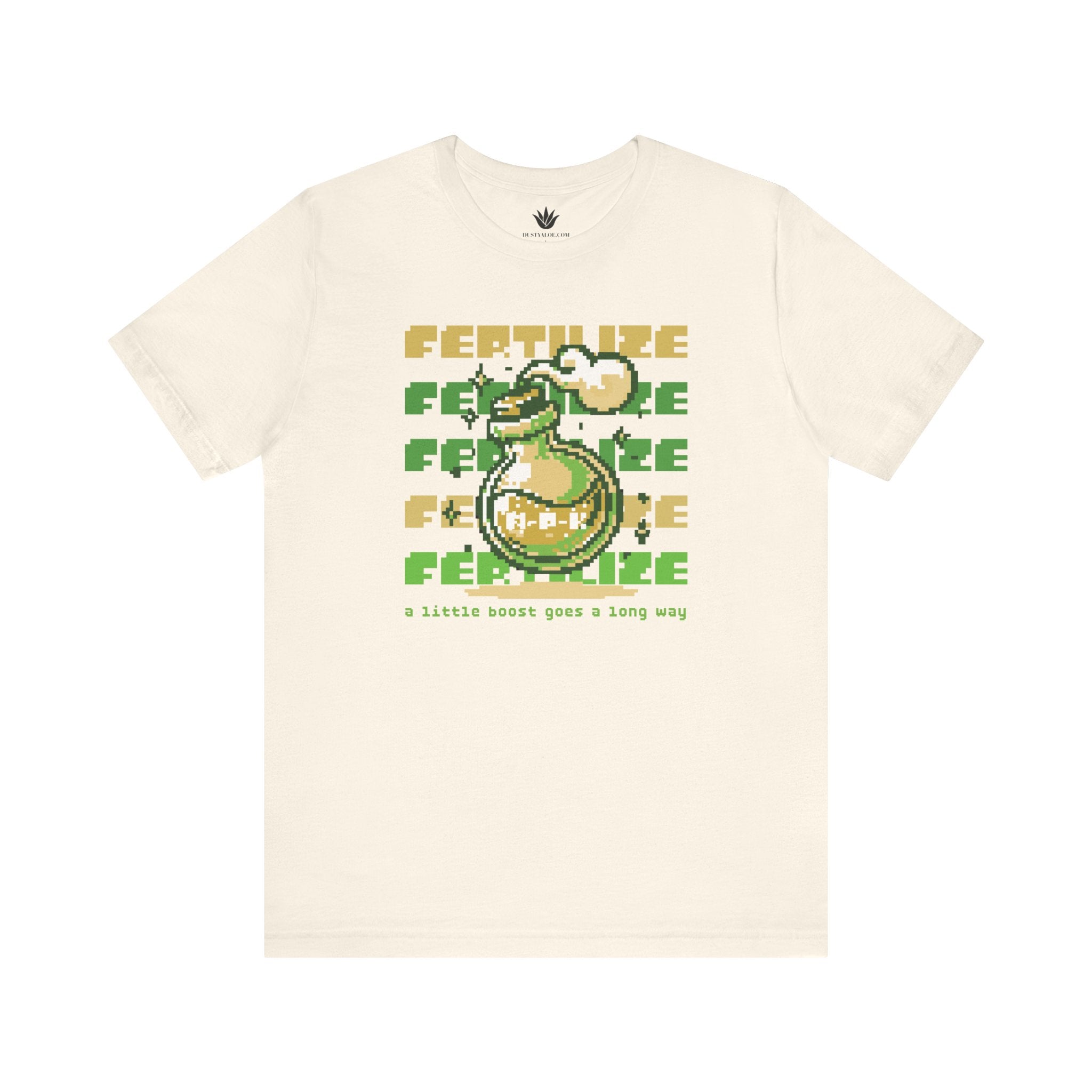 Beige t-shirt with a graphic design and text on a white background