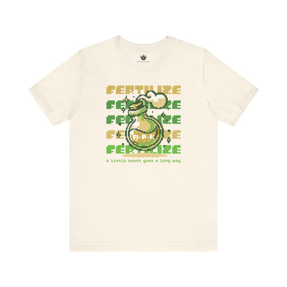 Beige t-shirt with a graphic design and text on a white background