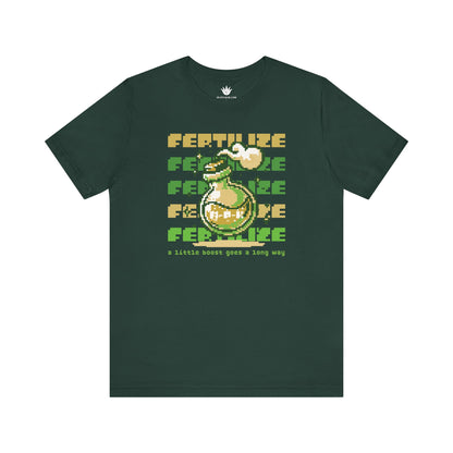 Green t-shirt with graphic design and text on a white background