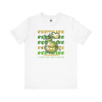 White t-shirt with a graphic design and text on a white background