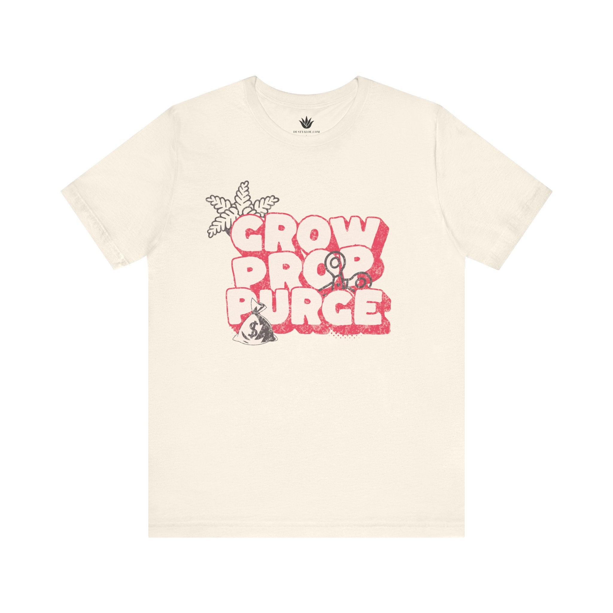 Beige t-shirt with red and black graphic design on a white background
