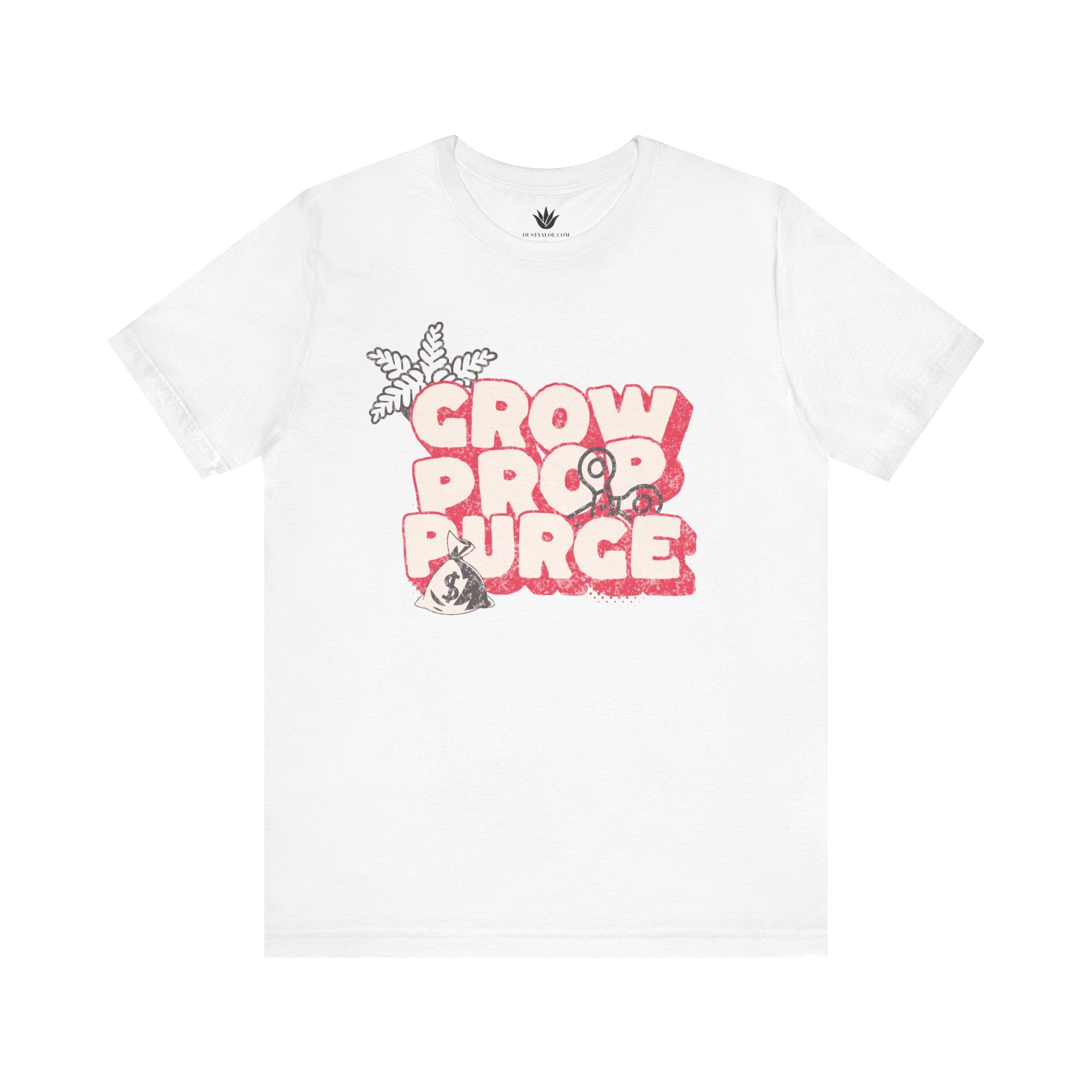 White t-shirt with red and black graphic design on a white background