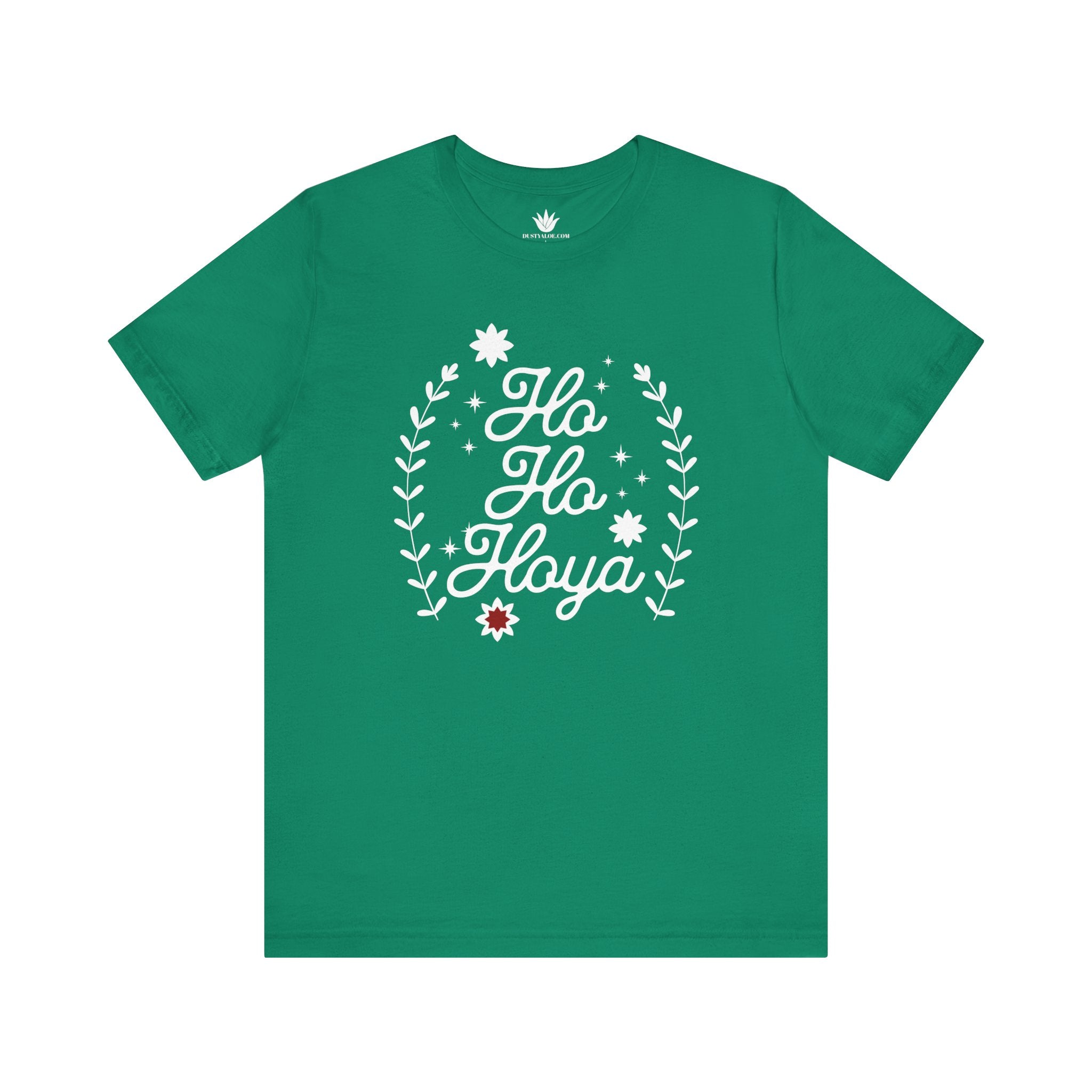 Green t-shirt with 'Ho Ho Hoya' text design on a white background