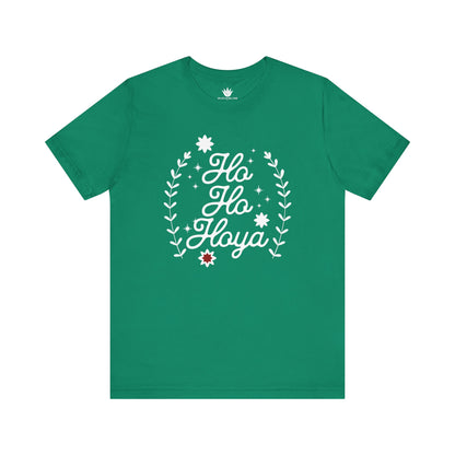 Green t-shirt with 'Ho Ho Hoya' text design on a white background