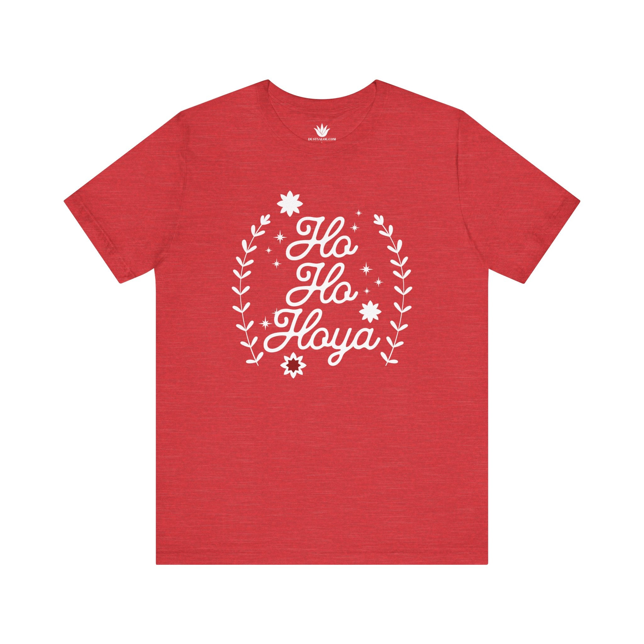 Red t-shirt with white 'Ho Ho Hola' text and floral design on a white background