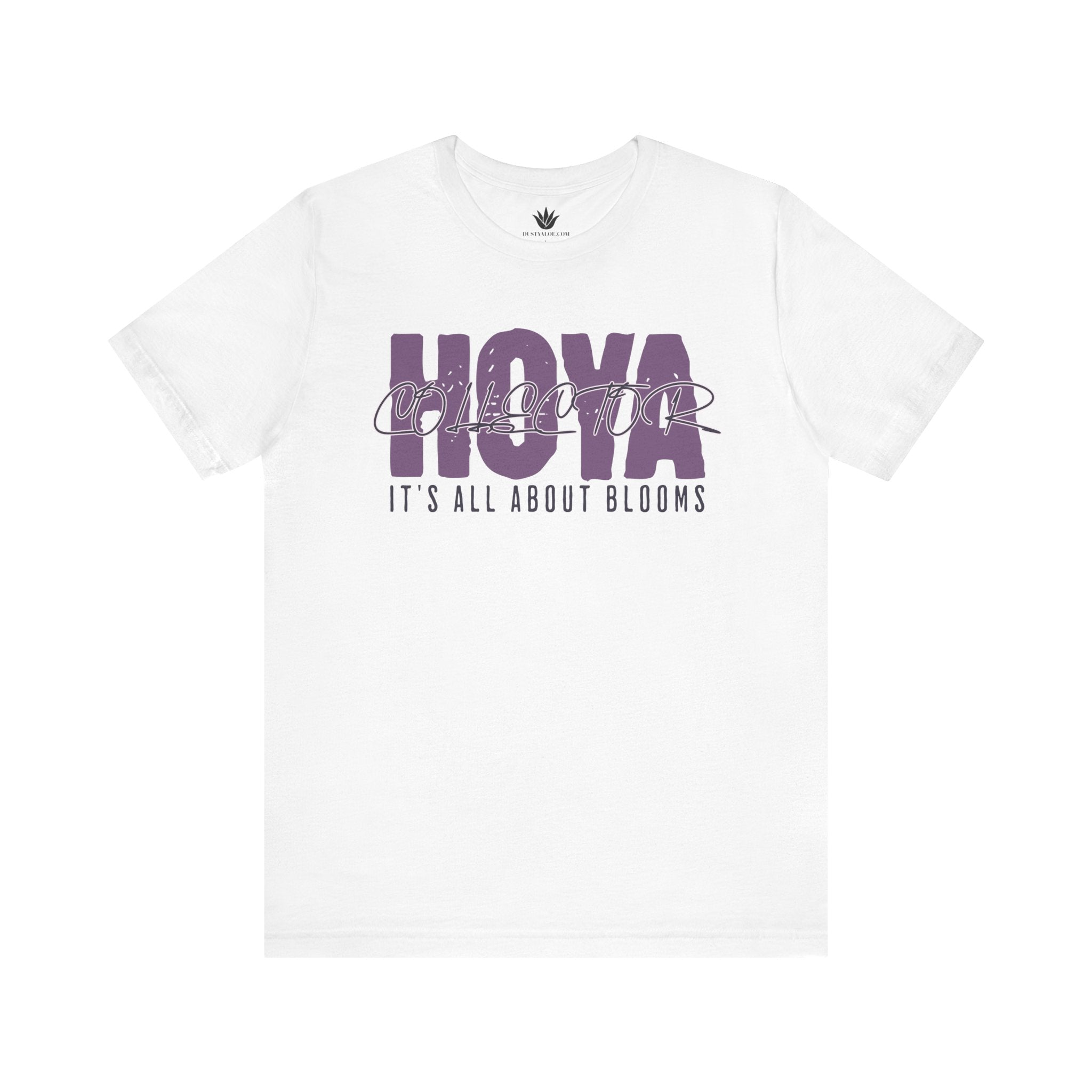 White t-shirt with purple text on a white background