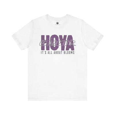 White t-shirt with purple text on a white background