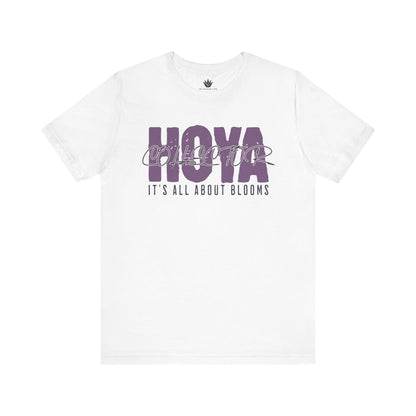 White t-shirt with purple text on a white background