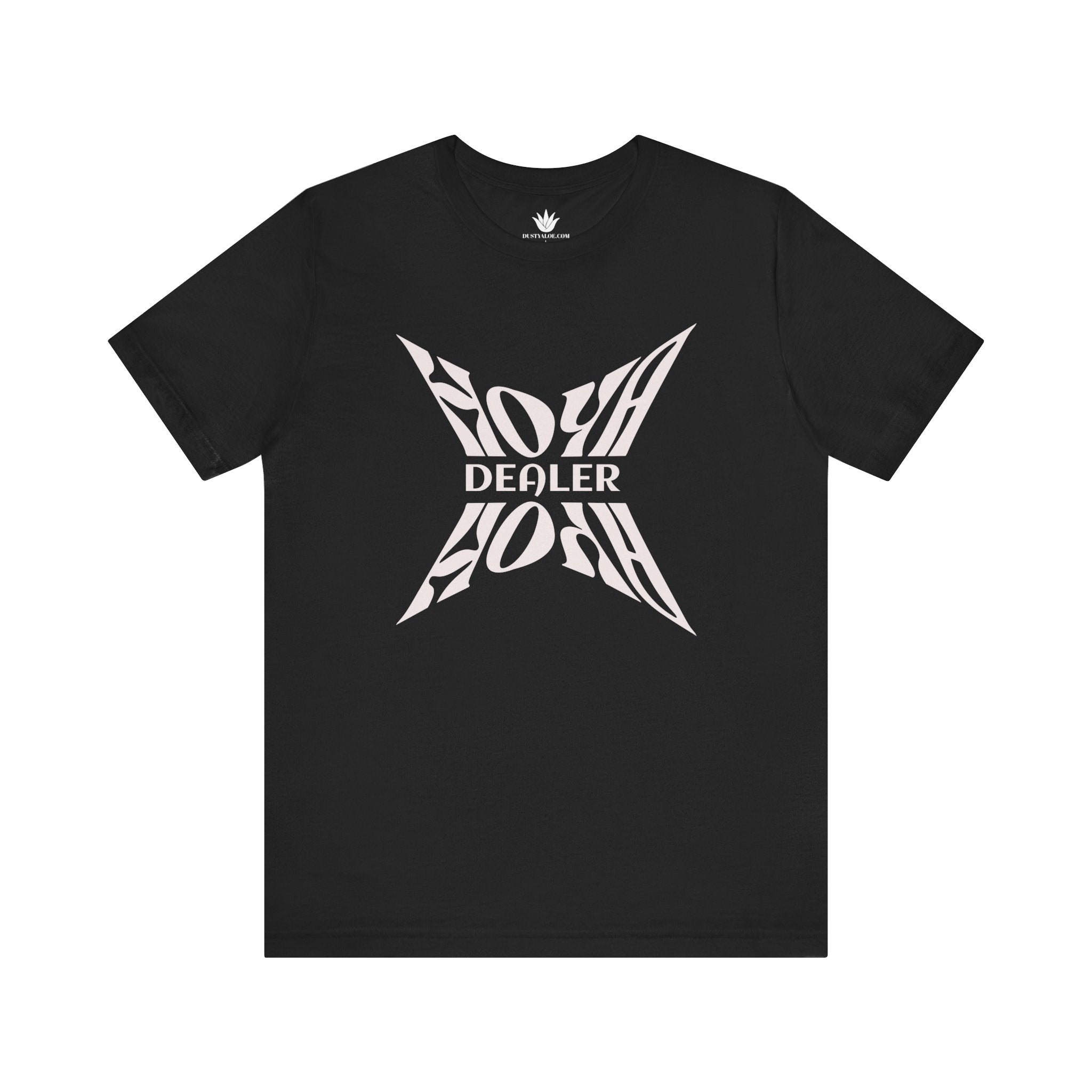 Black t-shirt with white graphic design on a white background