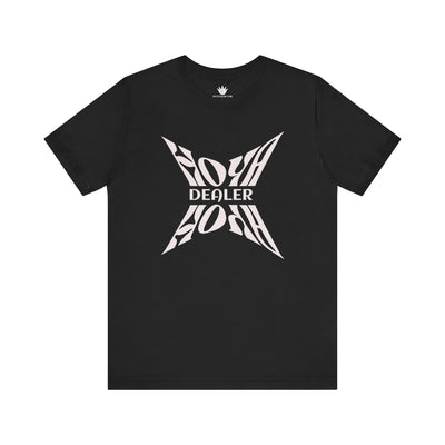 Black t-shirt with white graphic design on a white background