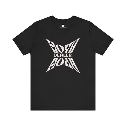 Black t-shirt with white graphic design on a white background