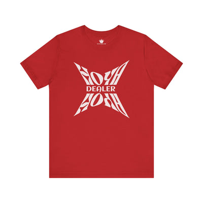 Red t-shirt with white graphic design and text on a white background