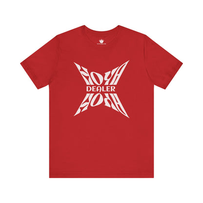 Red t-shirt with white graphic design and text on a white background