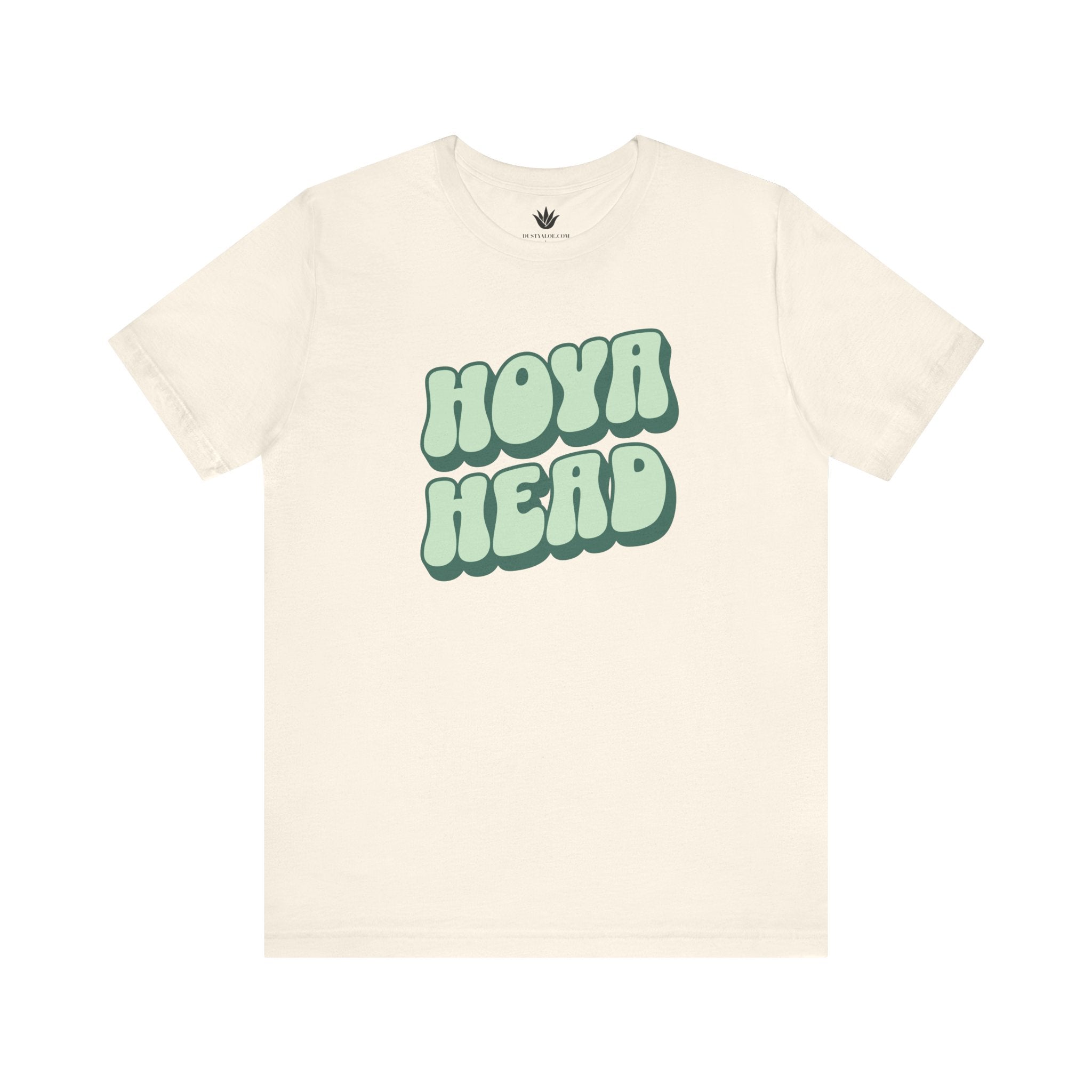 Beige t-shirt with 'HOYA HEAD' text in green on a white background