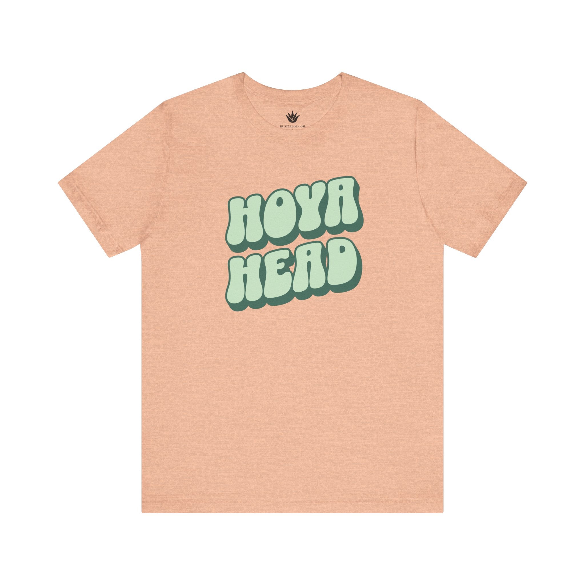 Peach t-shirt with 'HOYA HEAD' text in green on a white background