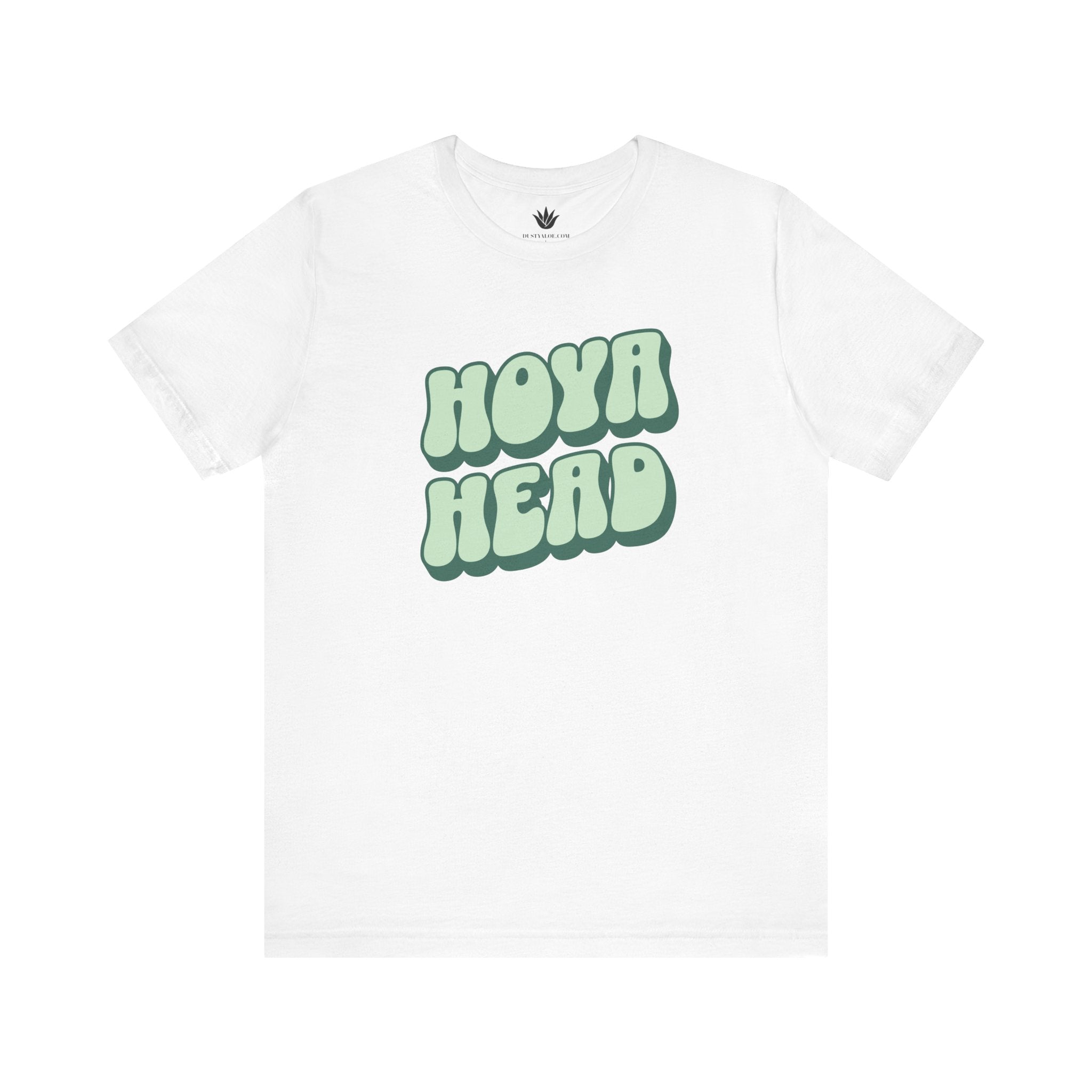 White t-shirt with 'HOYA HEAD' text in green on a white background
