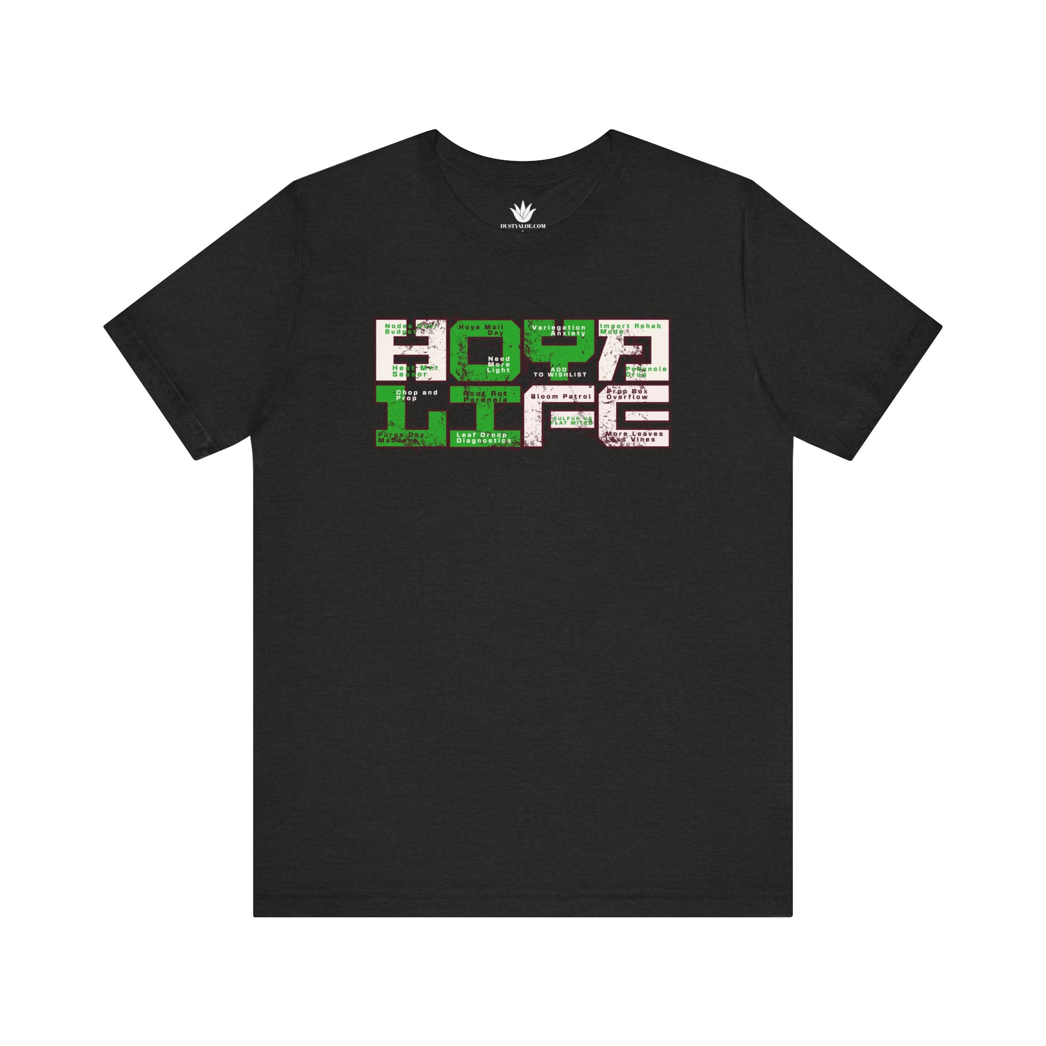 Black t-shirt with colorful text design on a white background