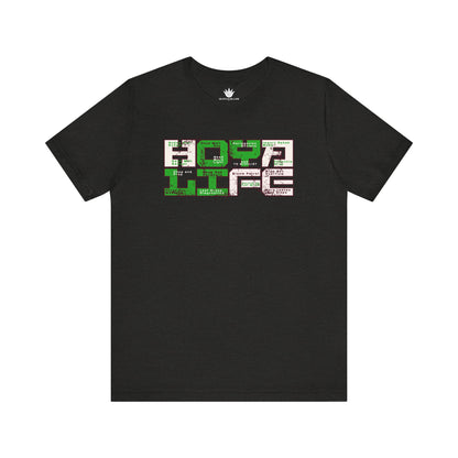 Black t-shirt with colorful text design on a white background
