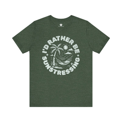 Green t-shirt with 'I'd Rather Be Sunstressing' graphic on a white background