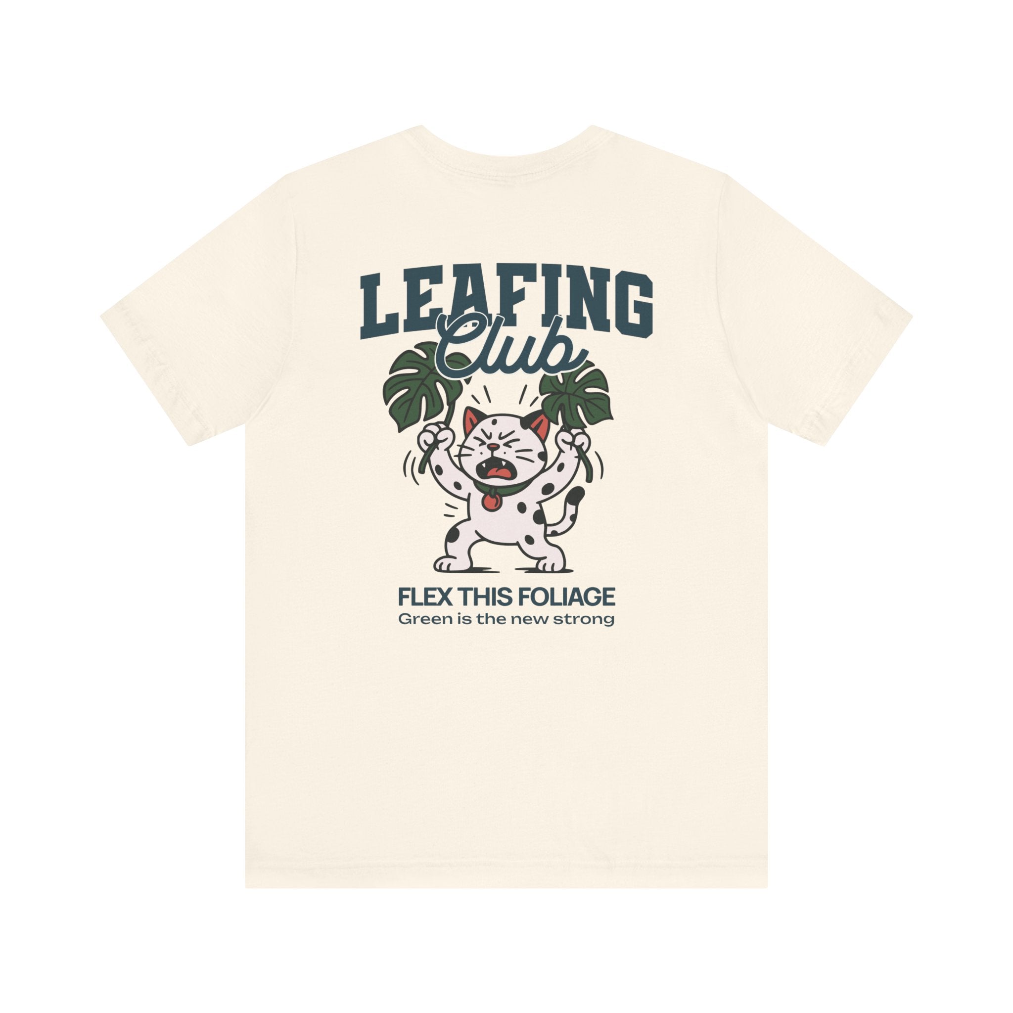 Beige t-shirt with 'Leafing Club' graphic design featuring a cartoon dog and leaves on a white background.