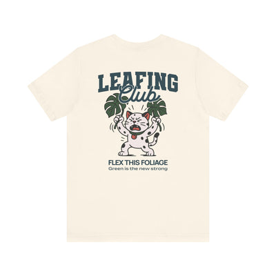 Beige t-shirt with 'Leafing Club' graphic design featuring a cartoon dog and leaves on a white background.