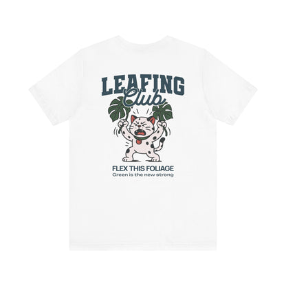 White t-shirt with 'LEAFING Club' graphic design featuring a cartoon character and text on a white background.