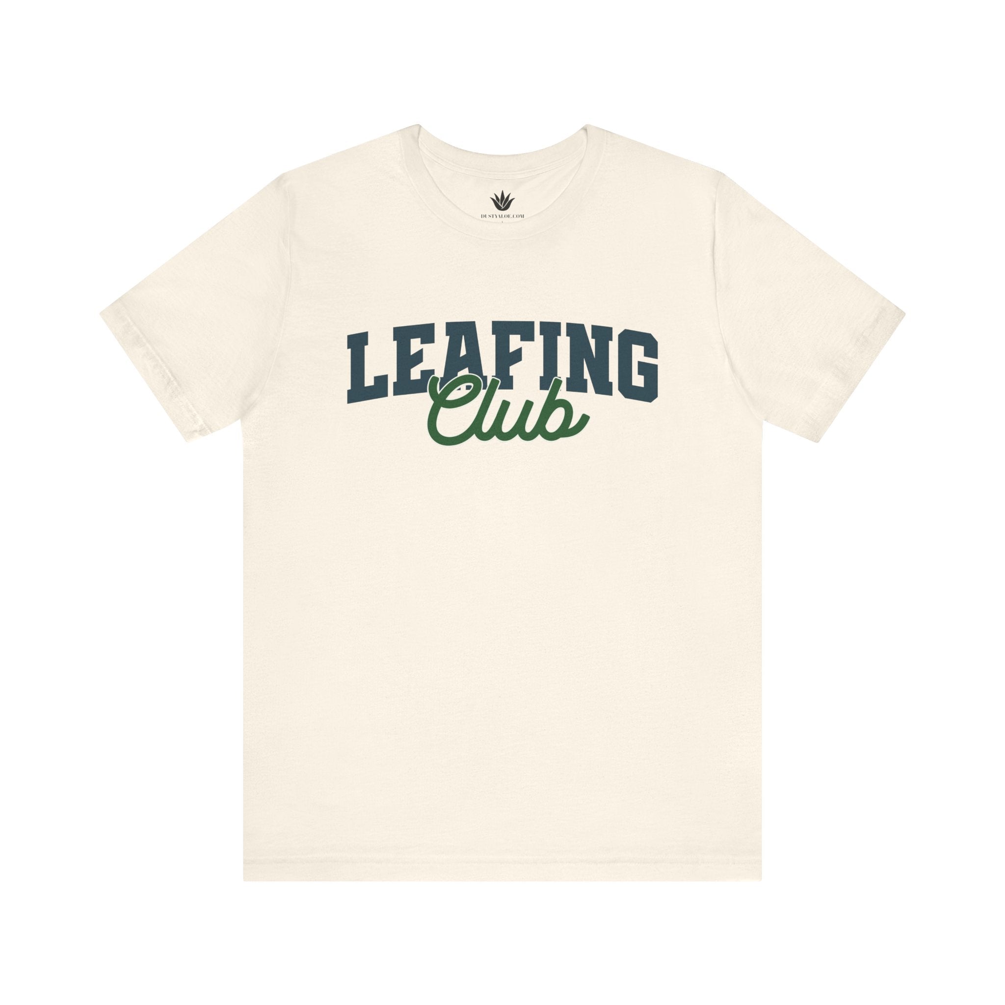Beige t-shirt with 'LEAFING Club' text on a white background