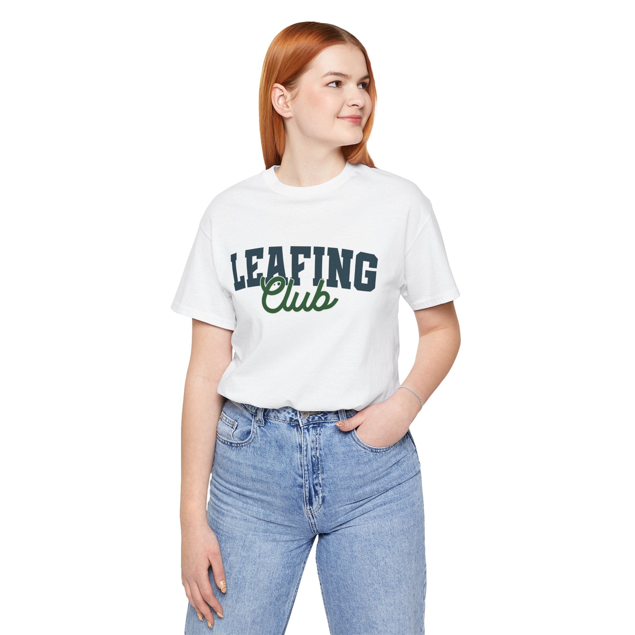 Person wearing a white t-shirt with 'LEAFING Club' text on a white background