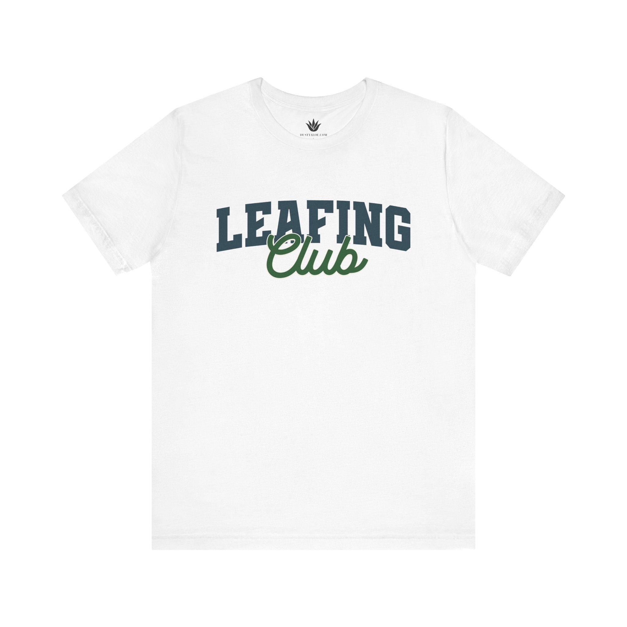 White t-shirt with 'LEAFING Club' text on a white background